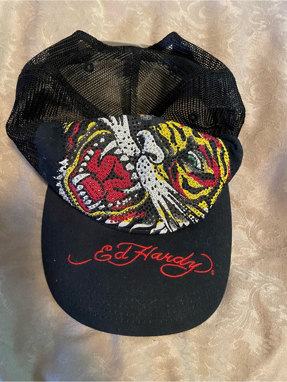 Ed Hardy Black Mesh Cap with Rhinestone Tiger and Red Script